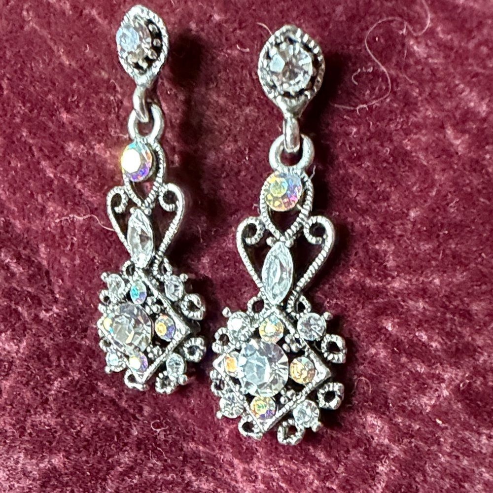 Crystal Drop Dangle Earrings - Silver Tone Vintage Formal Boho Victorian Elegant